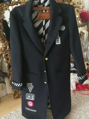 Black Embellished Men's Long Coat - Modern Patch Design Genanx